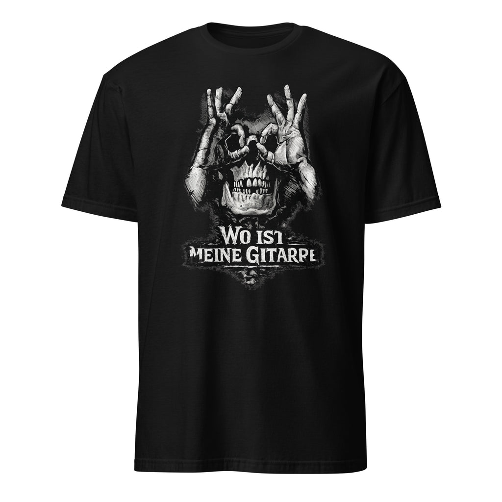 Schwarzes T-Shirt mit Totenkopf-Gitarren-Motiv im Vintage-Rock-Stil für Gitarristen
