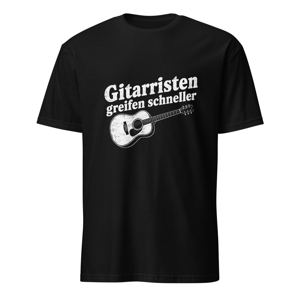 Schwarzes Gitarrist T-Shirt mit Akustikgitarre und Spruch Gitarristen greifen schneller
