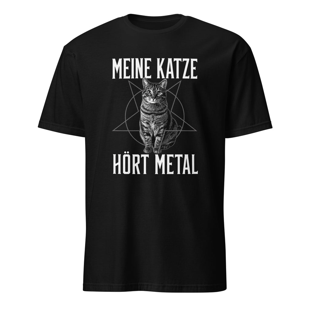 Schwarzes Metal-T-Shirt mit Katze und Pentagramm-Motiv – Meine Katze hört Metal
