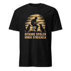 Vintage Gitarrist T-Shirt mit Hunden und Retro-Sonnenuntergang-Design auf Schwarz

