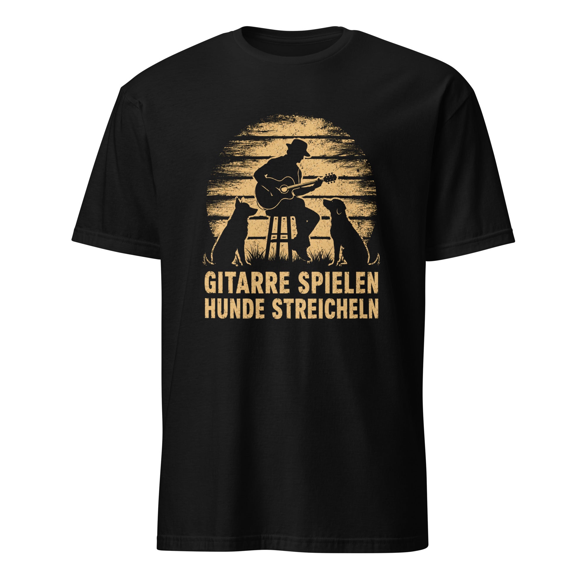 Vintage Gitarrist T-Shirt mit Hunden und Retro-Sonnenuntergang-Design auf Schwarz

