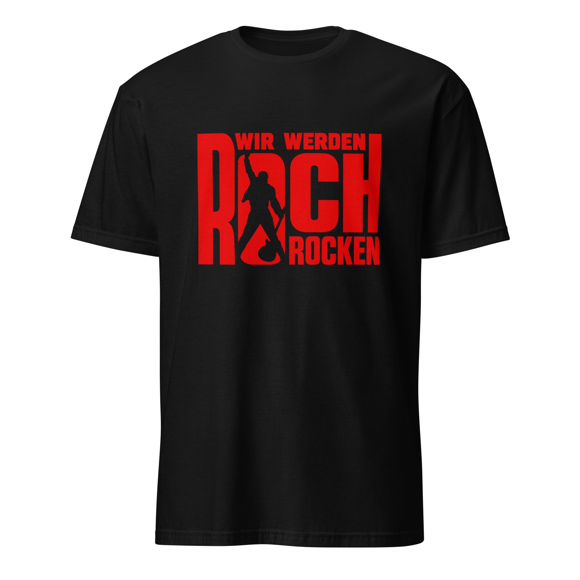 Schwarzes Rock T-Shirt mit rotem Wir Werden Roch Rocken" Aufdruck und Rockstar-Silhouette