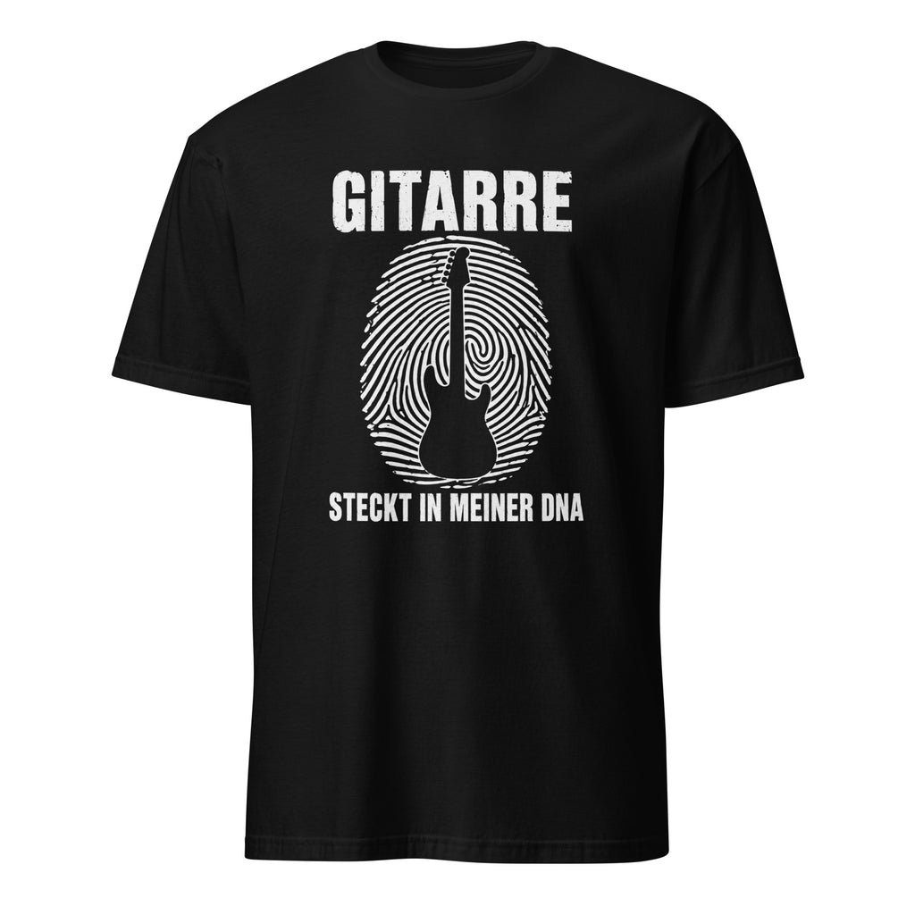 Schwarzes Gitarrist T-Shirt mit Fingerabdruck und E-Gitarre Design
