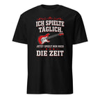 Schwarzes Vintage Gitarren T-Shirt mit rotem Stratocaster und deutschem Text für Rockmusik Fans