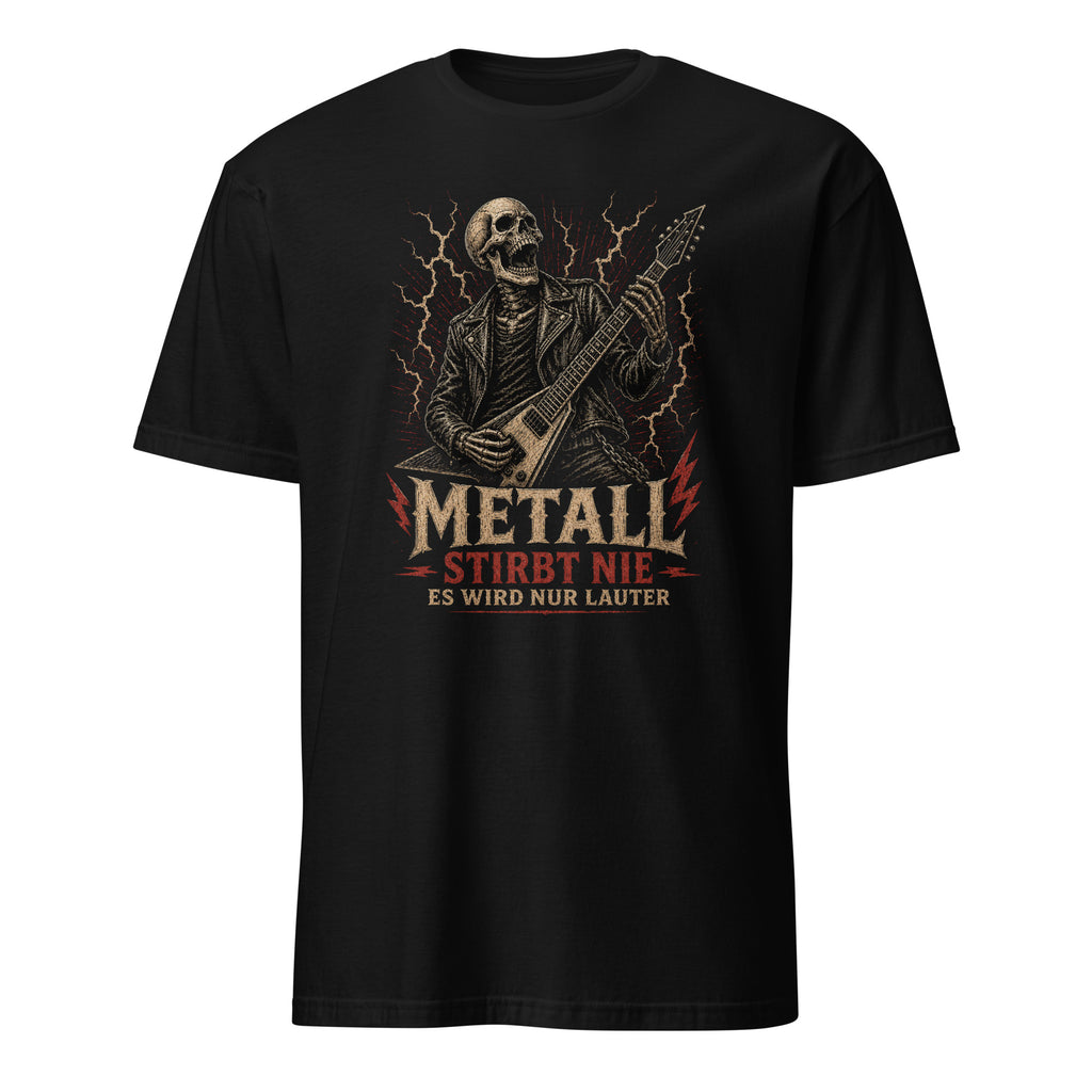 "Metall Stirbt Nie" – Cult Metal Design mit Skelett-Gitarrist. Premium Baumwolle. Jetzt kaufen und Metallherz zeigen! 🎸