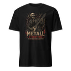 "Metall Stirbt Nie" – Cult Metal Design mit Skelett-Gitarrist. Premium Baumwolle. Jetzt kaufen und Metallherz zeigen! 🎸