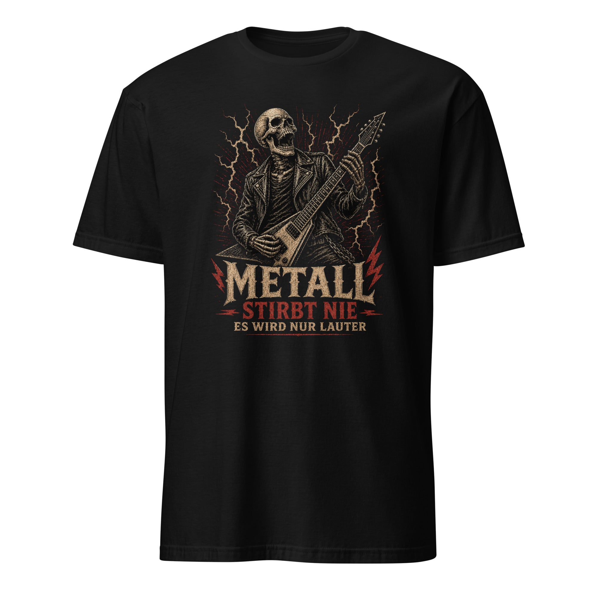 "Metall Stirbt Nie" – Cult Metal Design mit Skelett-Gitarrist. Premium Baumwolle. Jetzt kaufen und Metallherz zeigen! 🎸