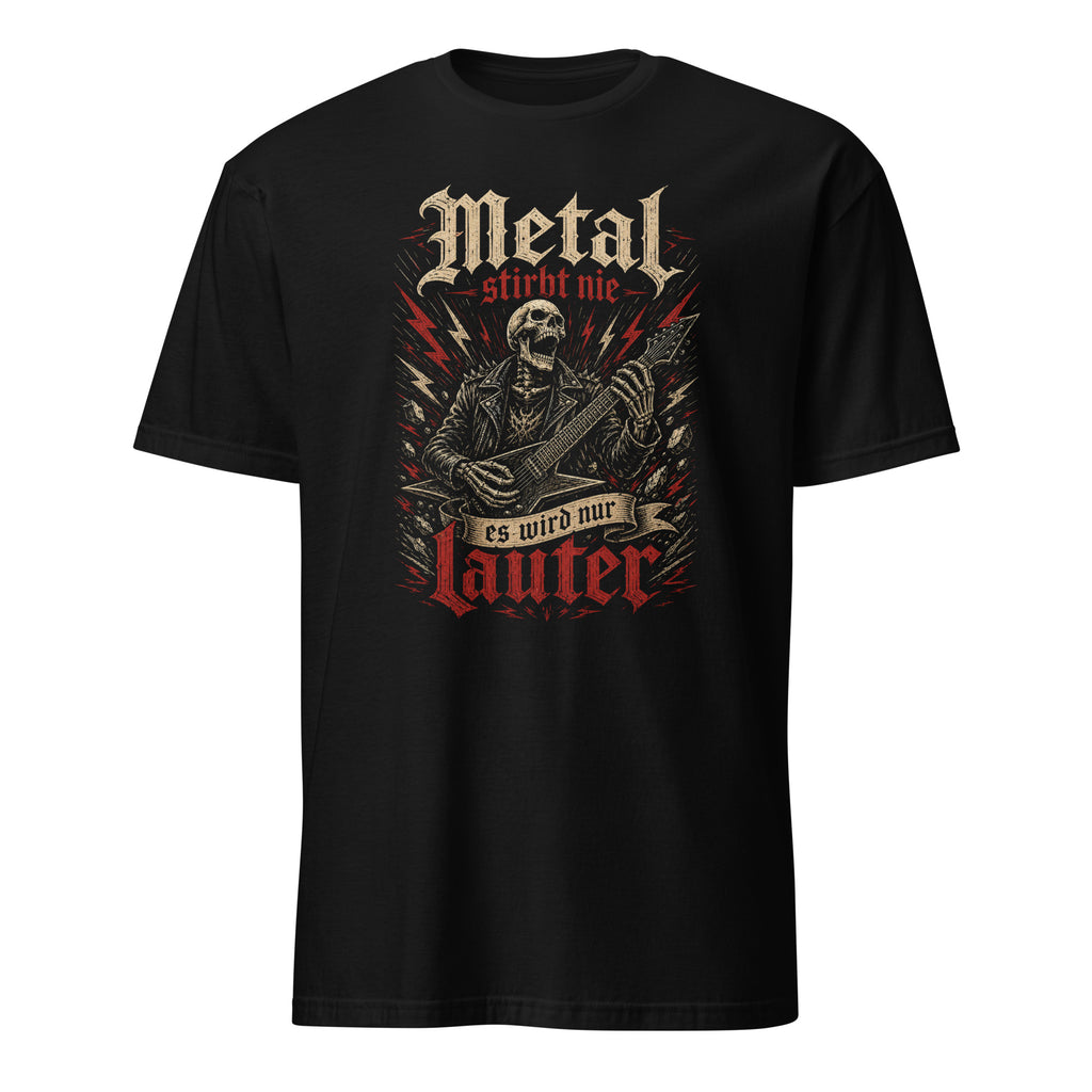 Schwarzes Metal T-Shirt Damen mit Skelett Gitarrist Gothic Design stirbt nie Artwork