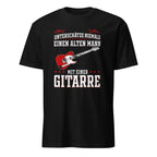 Schwarzes Gitarren T-Shirt mit roter Elektrogitarre und deutschem Vintage-Schriftzug für Musiker.
