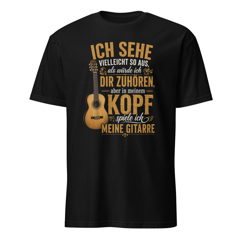 "Schwarzes Gitarren T-Shirt mit humorvollem deutschem Text und Akustikgitarre Illustration"
