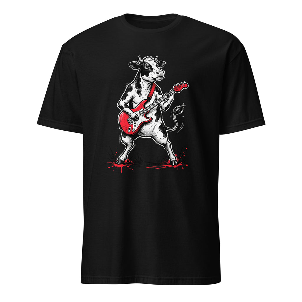 Rocking cow playing red electric guitar vintage rock black t-shirt
