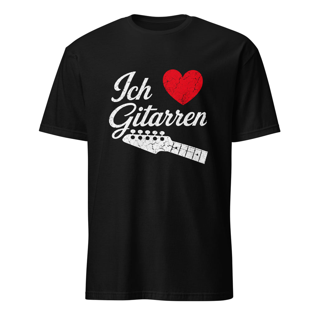 Vintage Ich liebe Gitarren T-Shirt, rotes Herz, Gitarrenhals Design, schwarz
