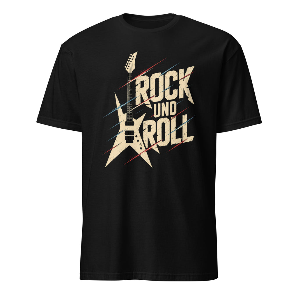Vintage Rock und Roll T-Shirt mit Sterngitarre-Design und Retro-Schriftzug, schwarze Baumwolle
