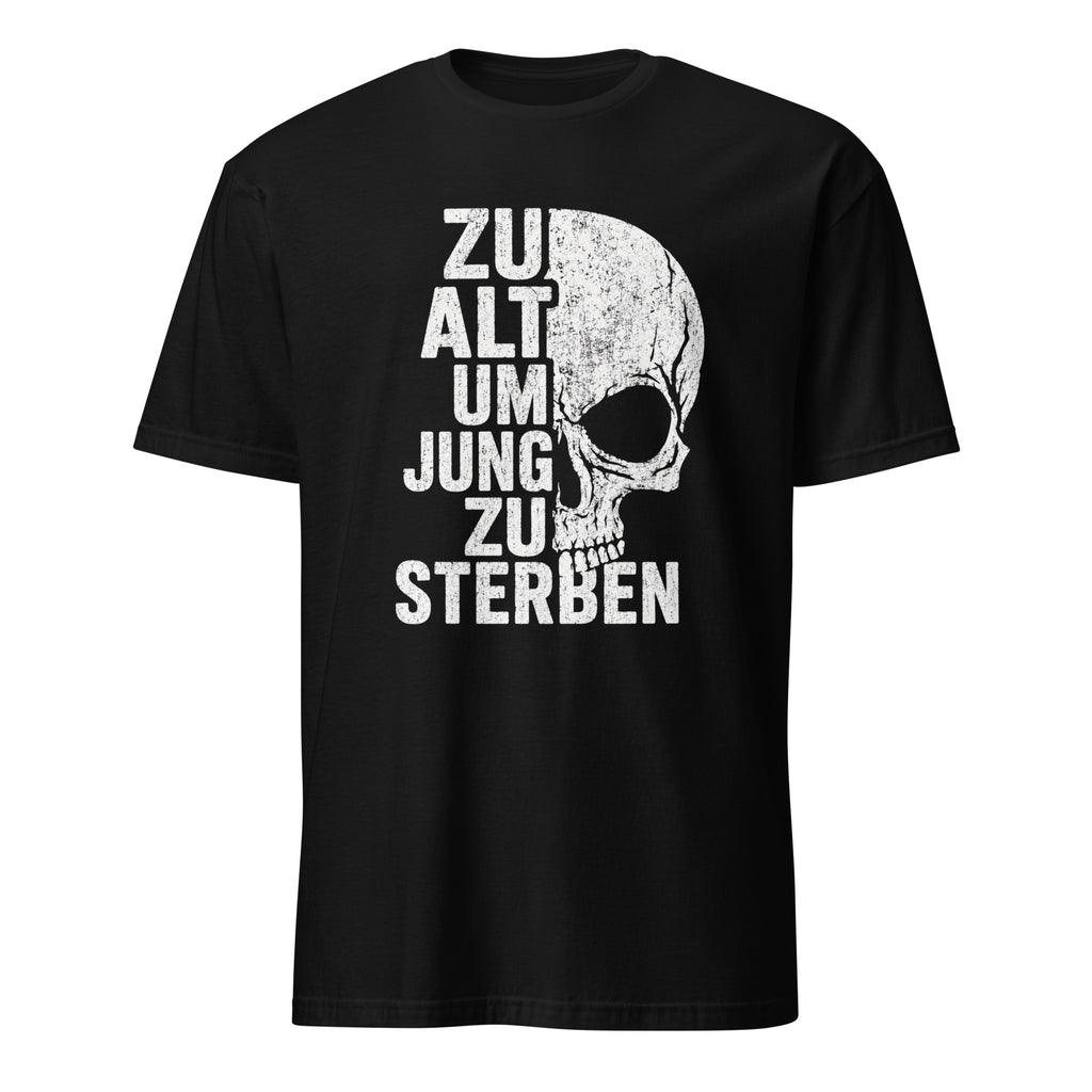 Schwarzes Totenkopf T-Shirt mit deutschem Vintage Rock Text und Skull Design
