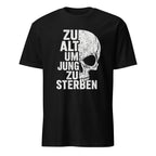 Schwarzes Totenkopf T-Shirt mit deutschem Vintage Rock Text und Skull Design
