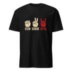 "Schwarzes Vintage Rock Metal T-Shirt mit Stein Schere Papier Hand Gesten Design in Rot und Beige"
