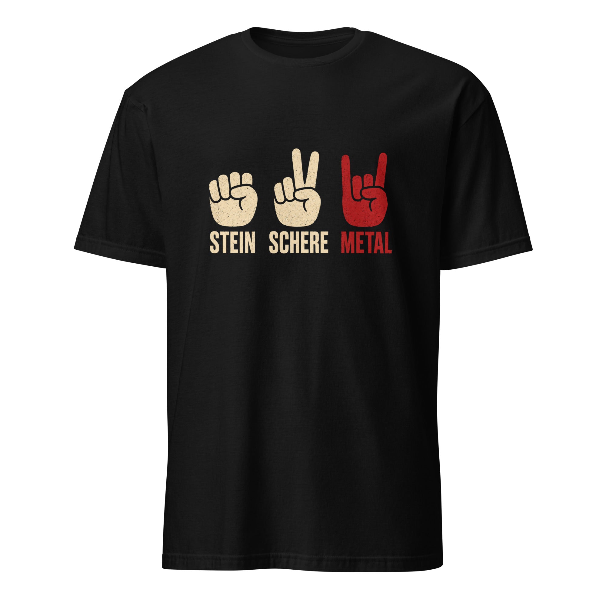 "Schwarzes Vintage Rock Metal T-Shirt mit Stein Schere Papier Hand Gesten Design in Rot und Beige"
