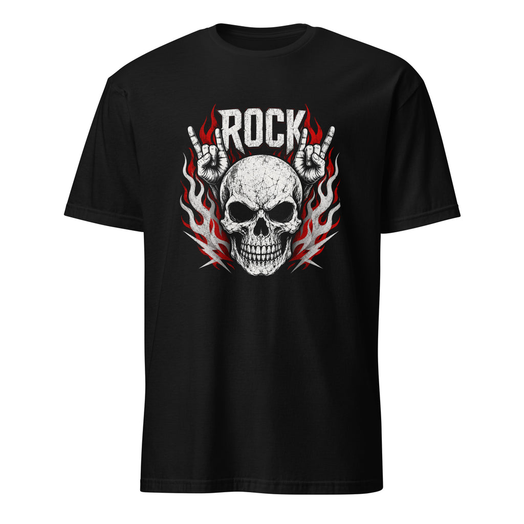 "Black rock music t-shirt featuring skull design with red flames and rock hand gesture"
