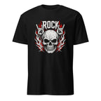 "Black rock music t-shirt featuring skull design with red flames and rock hand gesture"
