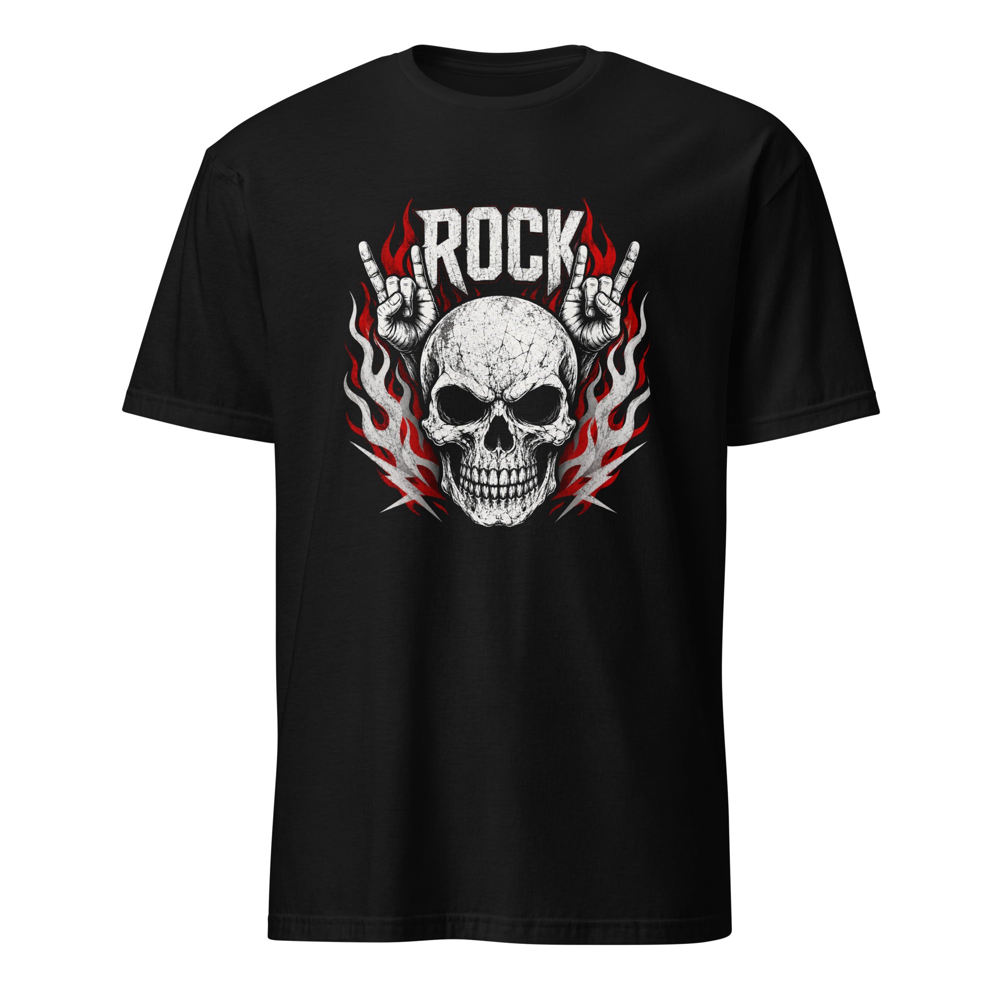 "Black rock music t-shirt featuring skull design with red flames and rock hand gesture"
