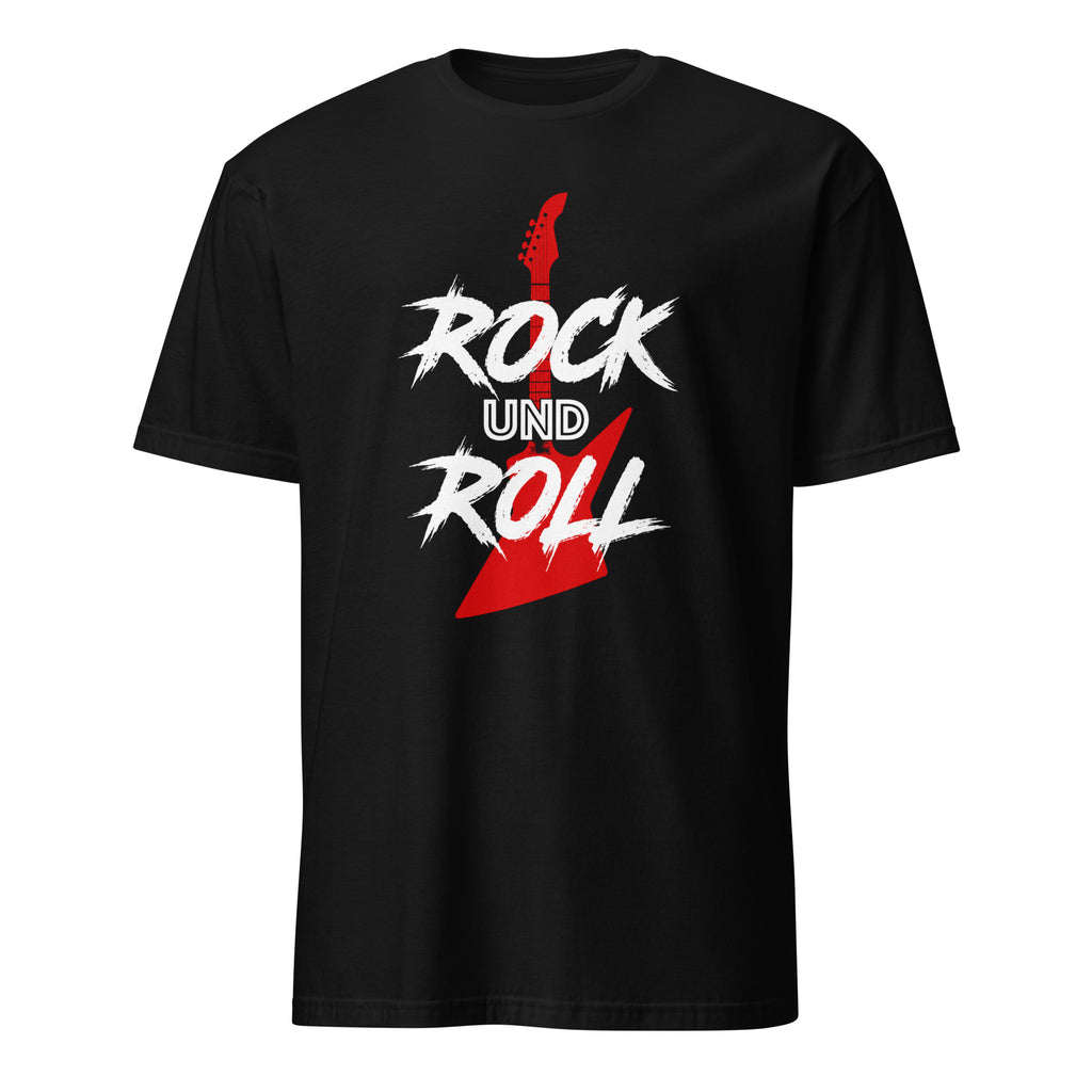 Schwarzes Rock und Roll T-Shirt mit rot-weißem E-Gitarren-Design für Musikfans
