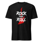 Schwarzes Rock und Roll T-Shirt mit rot-weißem E-Gitarren-Design für Musikfans
