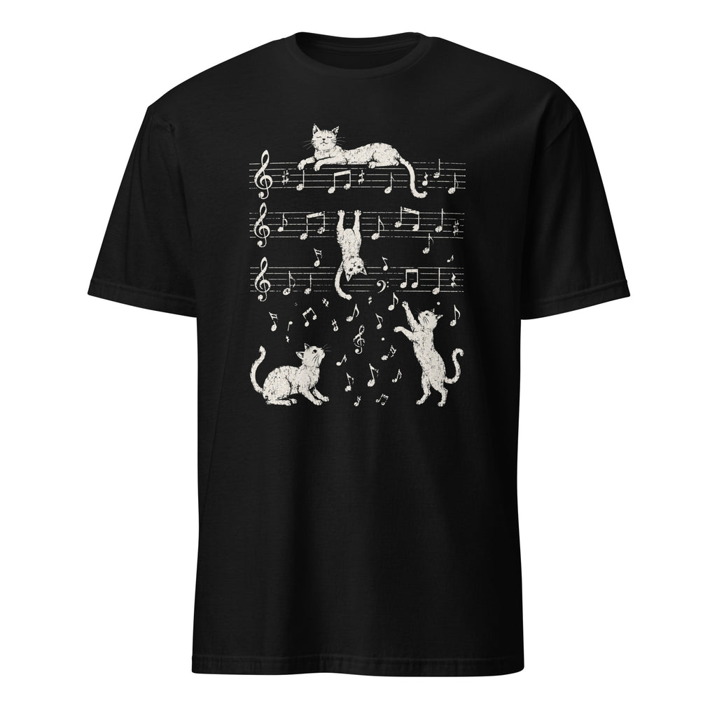 Playful cats on music staff lines, cat lover music-themed graphic t-shirt design
