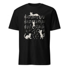Playful cats on music staff lines, cat lover music-themed graphic t-shirt design
