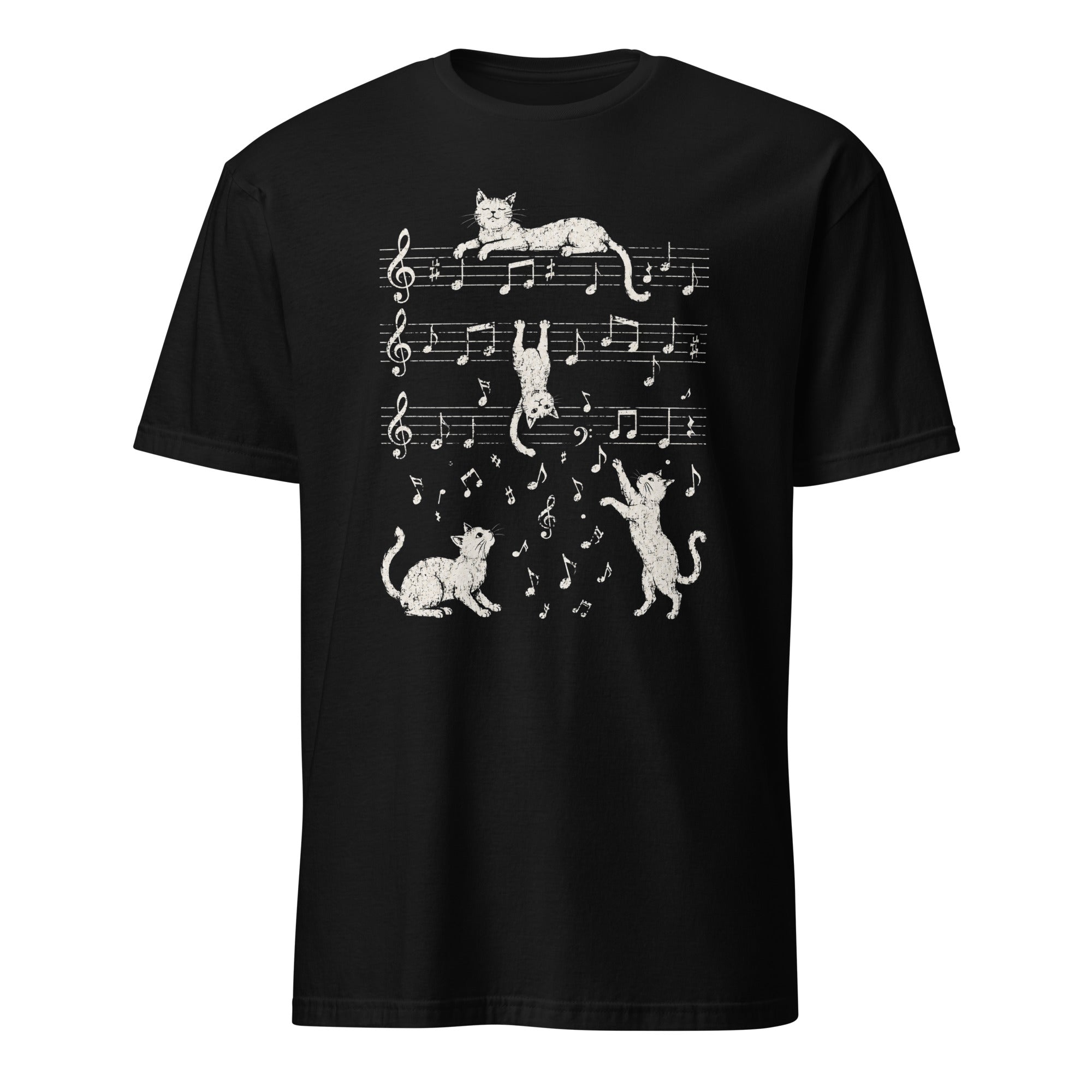 Playful cats on music staff lines, cat lover music-themed graphic t-shirt design
