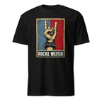 Schwarzes Vintage Rock T-Shirt mit Rock-Hand-Geste und "Rocke Weiter" Print
