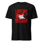 Schwarzes T-Shirt mit rot-weißer E-Gitarre und "Lass Uns Rocken" Vintage-Design
