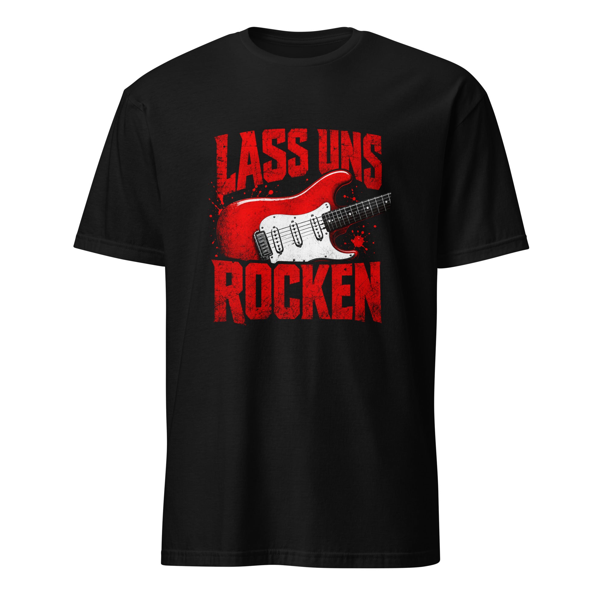 Schwarzes T-Shirt mit rot-weißer E-Gitarre und "Lass Uns Rocken" Vintage-Design
