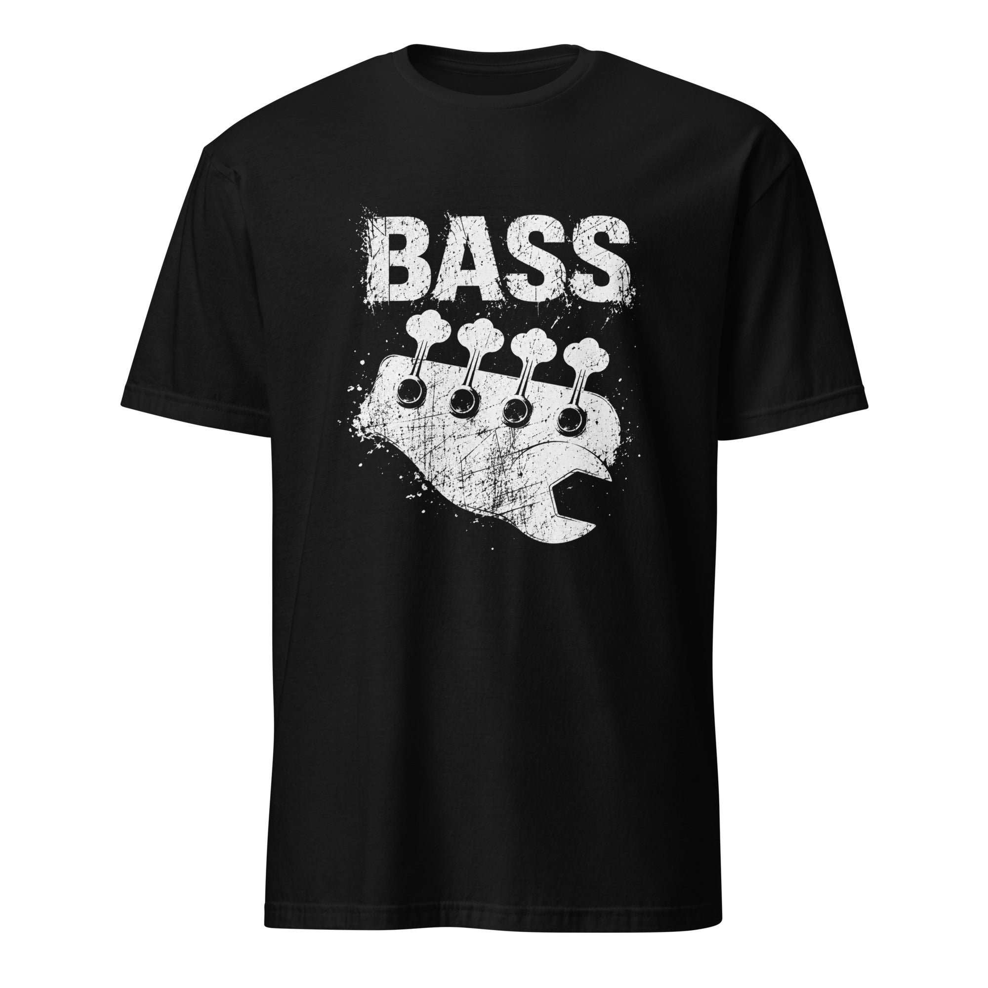 Schwarzes Bass T-Shirt mit Vintage Schraubenschlüssel Gitarrenkopf Design für Rockmusik Fans
