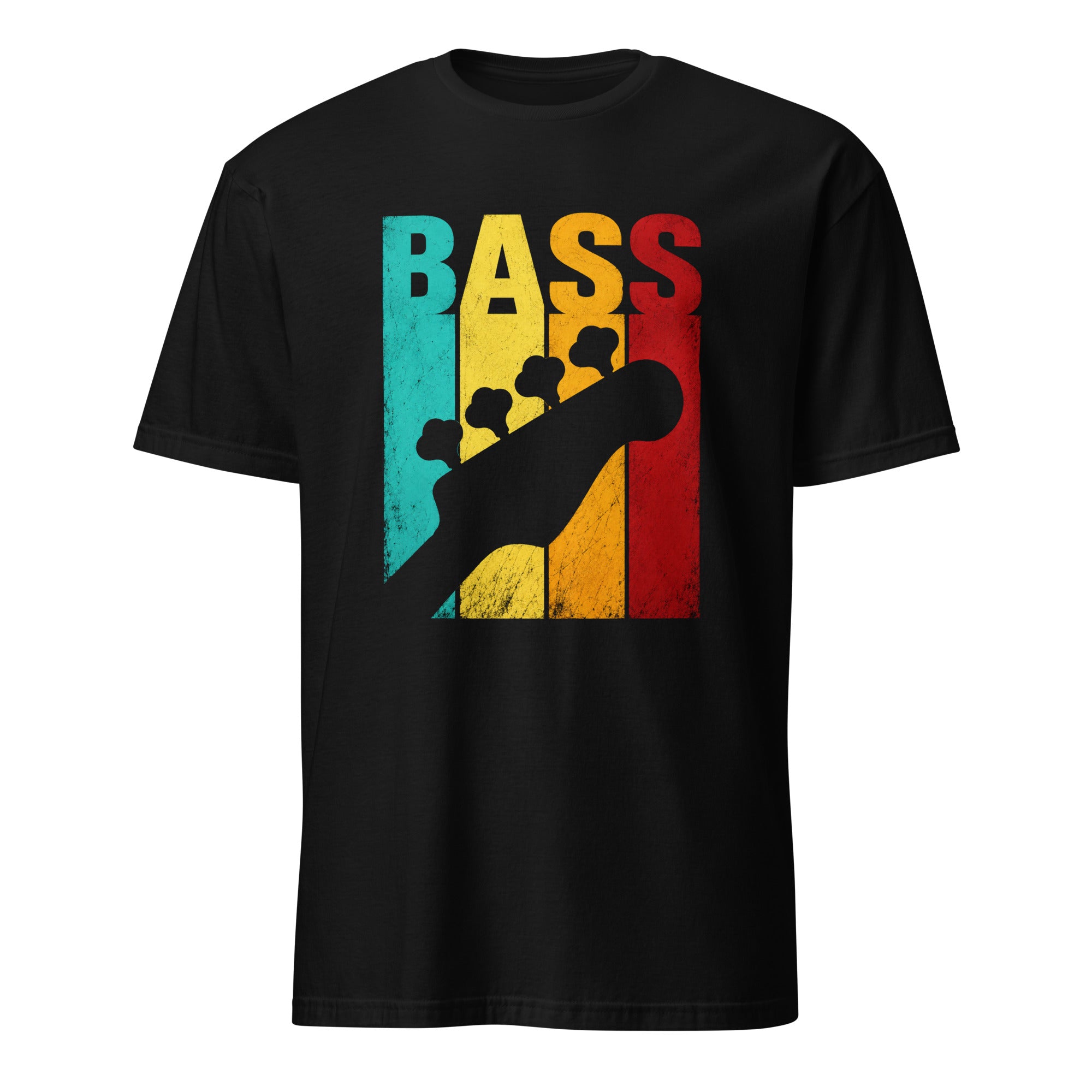 Schwarzes Vintage Bass T-Shirt mit Retro Gitarren-Kopfplatte Design für Musikliebhaber
