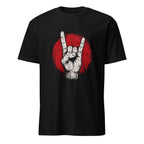 Schwarzes Rock T-Shirt mit Teufelshörner Handzeichen, Vintage Heavy Metal Design
