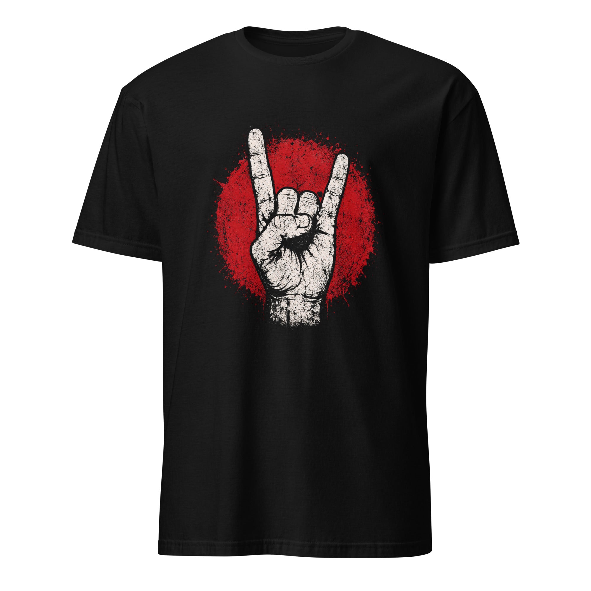 Schwarzes Rock T-Shirt mit Teufelshörner Handzeichen, Vintage Heavy Metal Design
