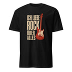 Schwarzes Vintage Rock T-Shirt mit E-Gitarre Motiv und Ich Liebe Rock Schriftzug