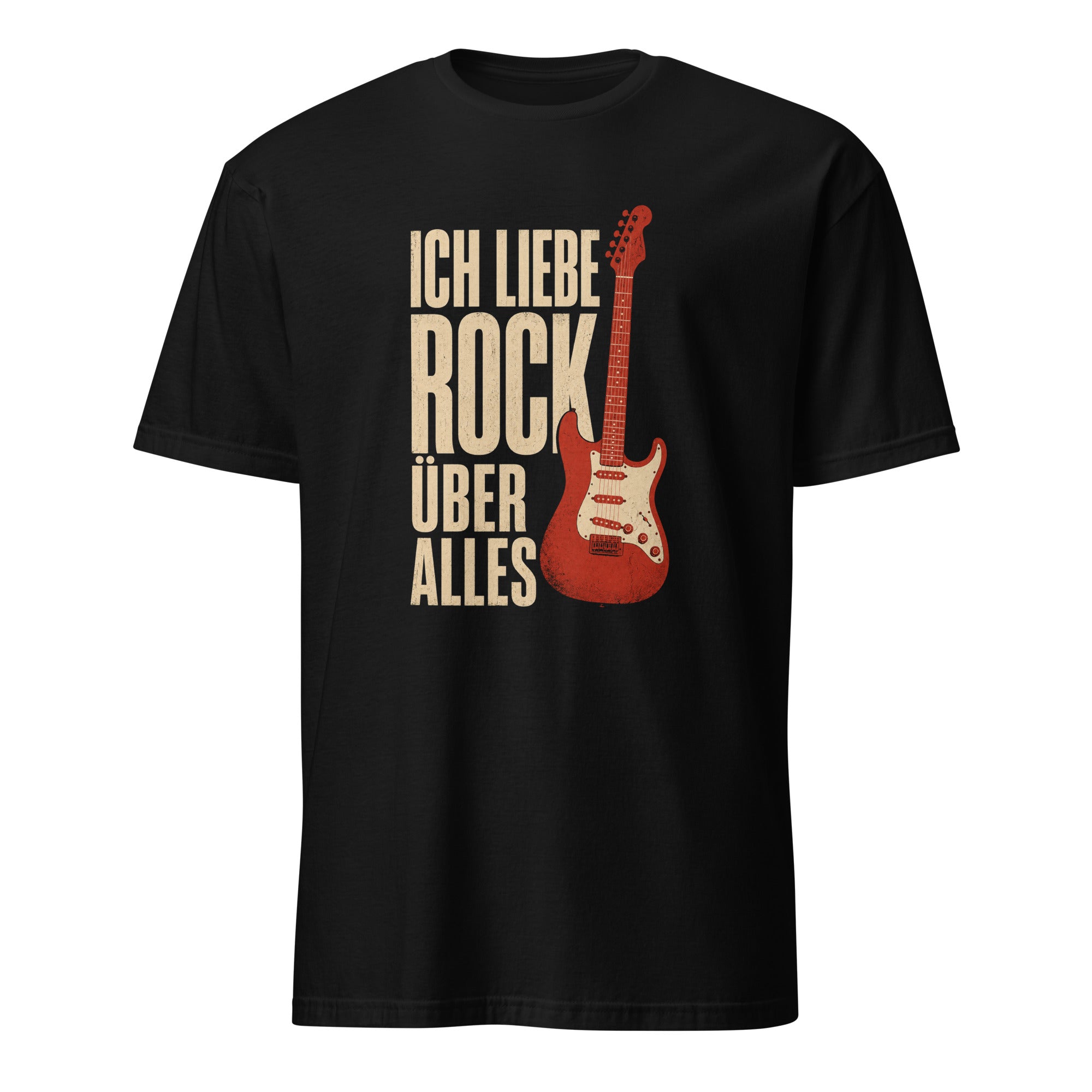 Schwarzes Vintage Rock T-Shirt mit E-Gitarre Motiv und Ich Liebe Rock Schriftzug