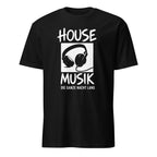 Schwarzes House Musik T-Shirt mit Kopfhörer-Design für Musikfans und DJs

