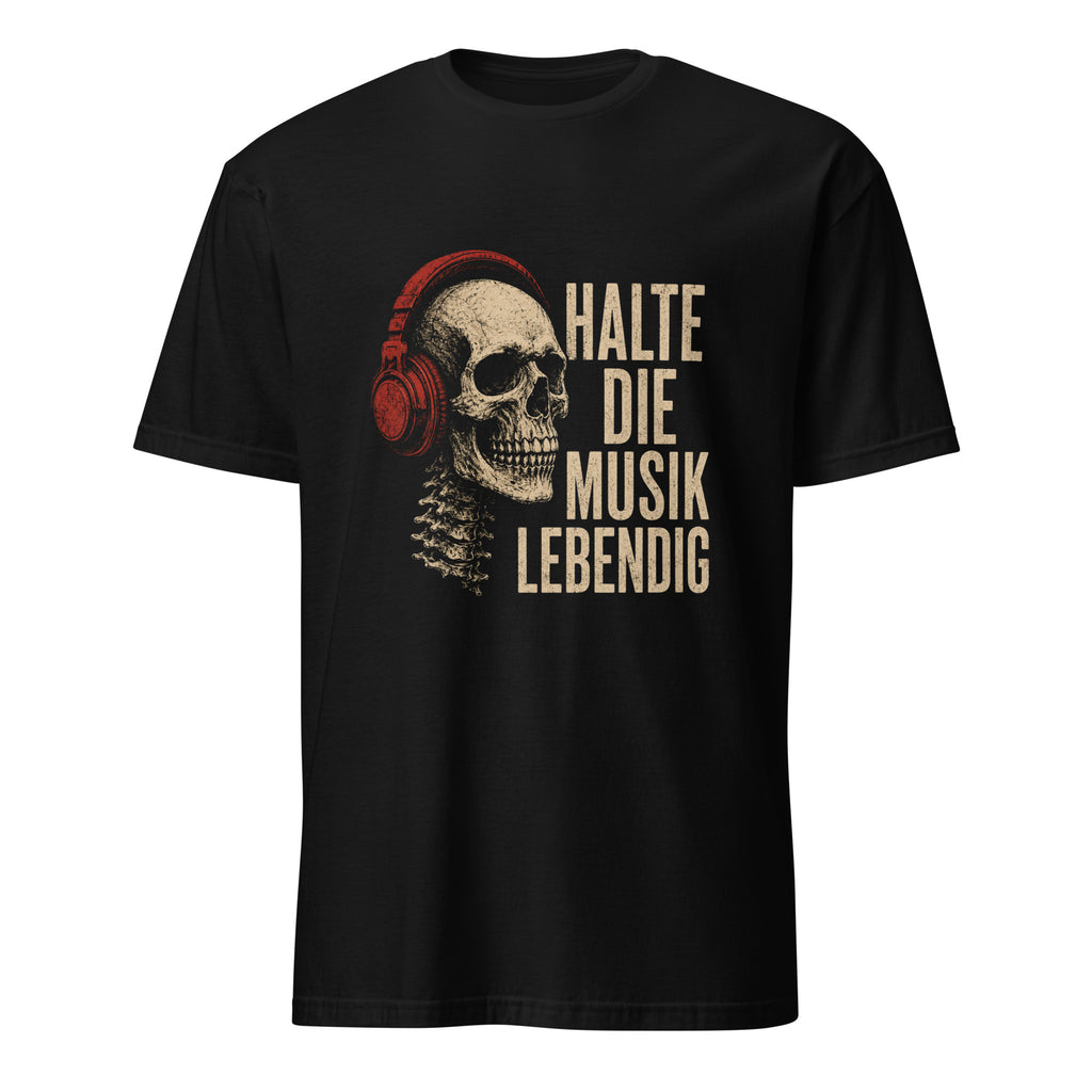 Schwarzes Vintage T-Shirt mit Totenkopf, Kopfhörern und Musik-Statement-Print

