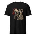 Schwarzes Vintage T-Shirt mit Totenkopf, Kopfhörern und Musik-Statement-Print
