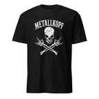 Schwarzes Metallkopf T-Shirt mit Totenkopf und Drumsticks im Vintage Rock-Design