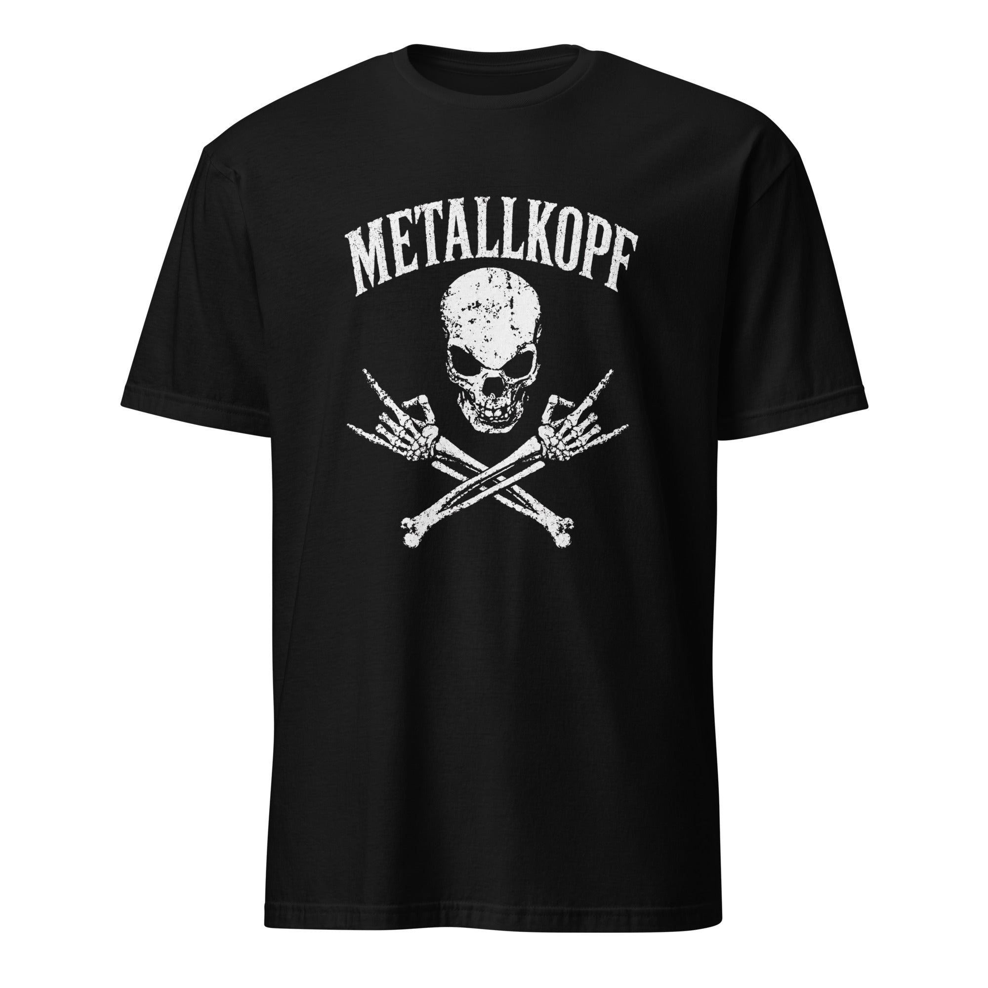 Schwarzes Metallkopf T-Shirt mit Totenkopf und Drumsticks im Vintage Rock-Design