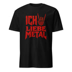 Schwarzes Ich Liebe Metal T-Shirt mit rotem Skelett-Hand Rock-Symbol Design