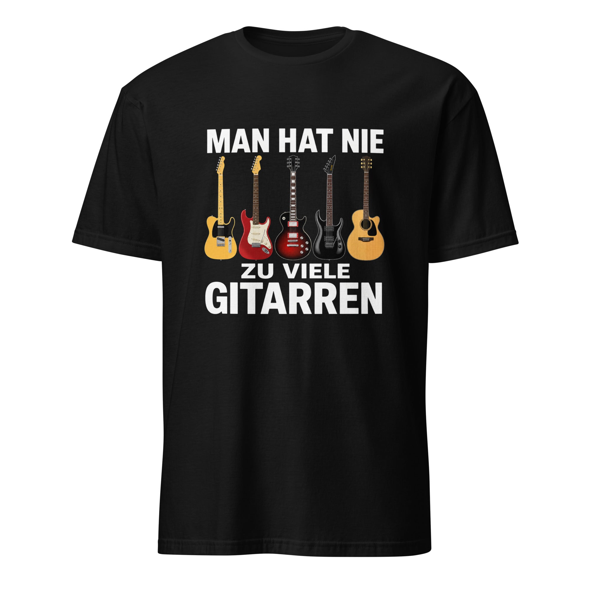 Schwarzes T-Shirt mit fünf Gitarren und Spruch "Man hat nie zu viele Gitarren"
