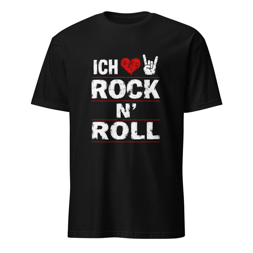Schwarzes T-Shirt mit "Ich liebe Rock n' Roll" Design und Herz-Motiv, Vintage Look