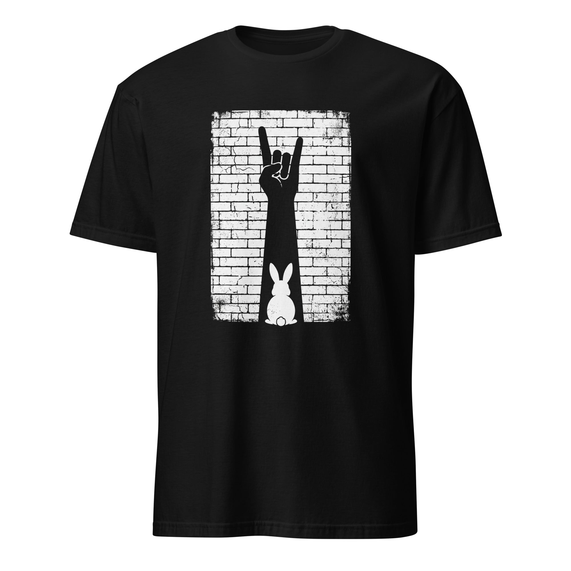 Black t-shirt with rock hand sign and bunny silhouette against brick wall design
