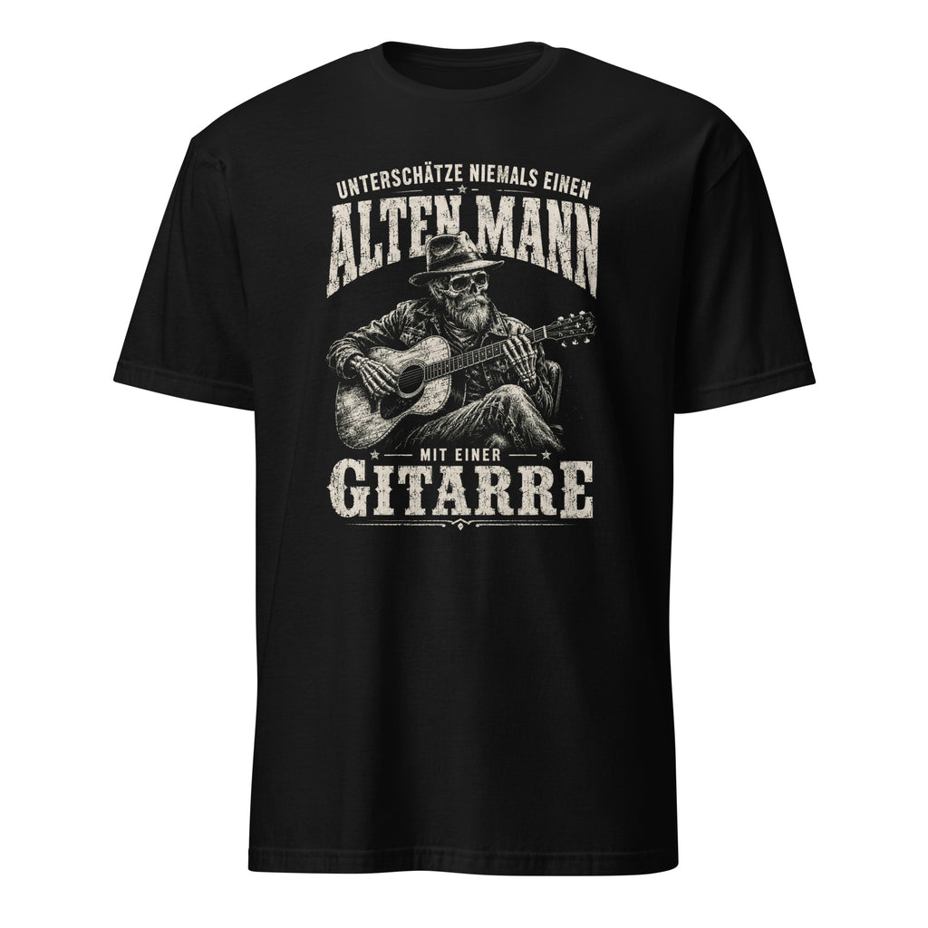 Schwarzes Herren T-Shirt mit Vintage-Gitarrist-Print und Spruch "Alter Mann mit Gitarre"
