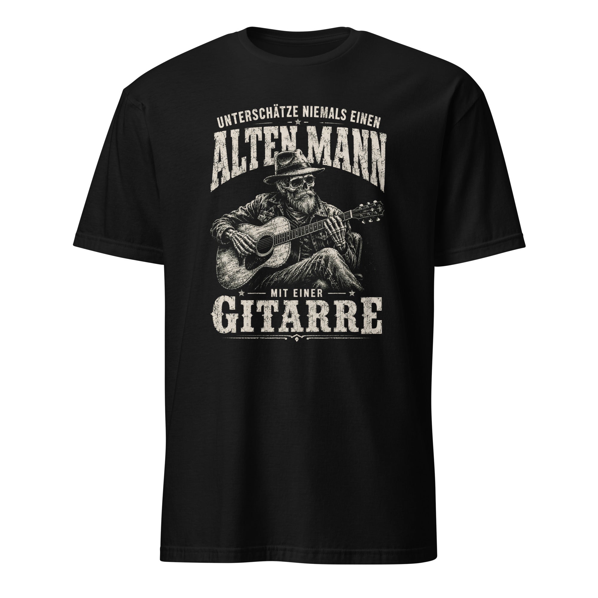 Schwarzes Herren T-Shirt mit Vintage-Gitarrist-Print und Spruch "Alter Mann mit Gitarre"

