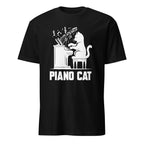 Black t-shirt with cat playing piano and music notes, Piano Cat design.
